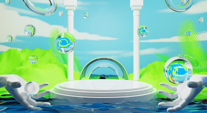 retro-future y2k 2000s frutiger aero aqua web 2.0 gloss with stage podium for product display showcase, 3d illustration rendering abstract background, technology and nature environment concept