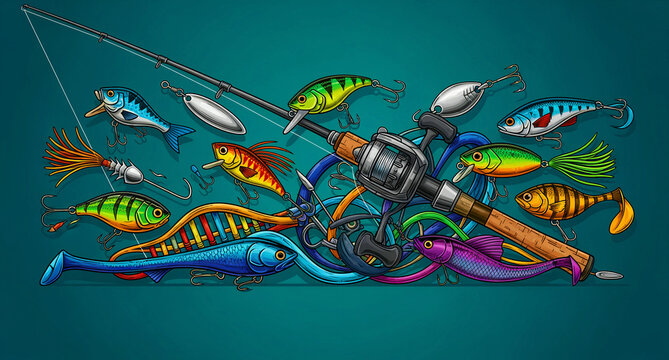 Fishing rod and reel with various colorful lures and tackle. Graphic illustration of crankbaits, spoons, and soft baits. Great for sport fishing marketing and tackle shop branding.