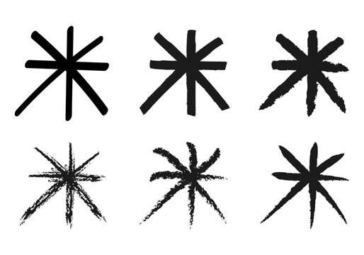 Colecci&oacute;n de s&iacute;mbolos de asteriscos y estrellas negras dibujadas con trazos de pincel