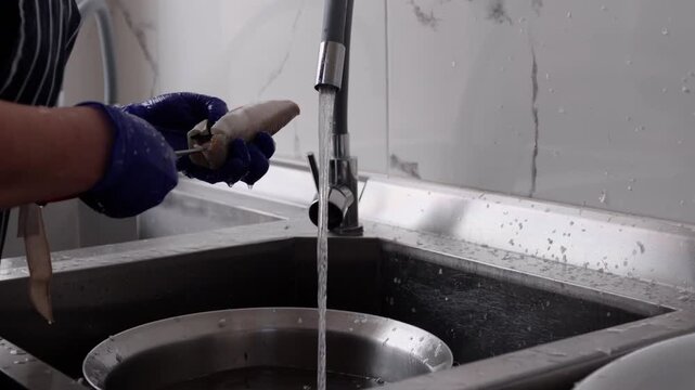 Individual cleaning fish under running water in a stainless steel sink, wearing blue gloves, with splashes visible and a striped apron in a kitchen setting