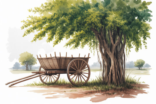 A traditional wooden cart finds peaceful repose under a magnificent shade tree in a serene rural landscape, evoking rustic charm and timeless tranquility