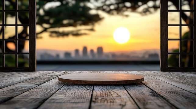 Empty wooden product display podium with a scenic sunset cityscape view through an open window