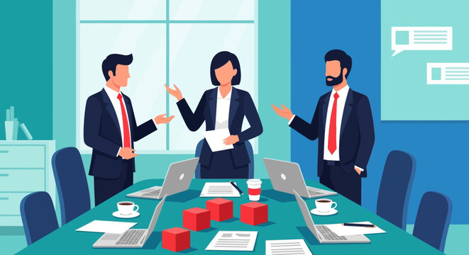 Illustration of business professionals discussing over laptops in a meeting room with a teal color scheme.