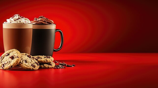 hot chocolate, cookies and coffee on red background