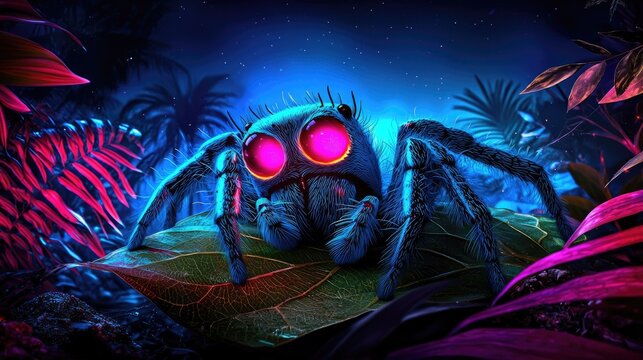 Glowing spider in neon jungle with pink eyes