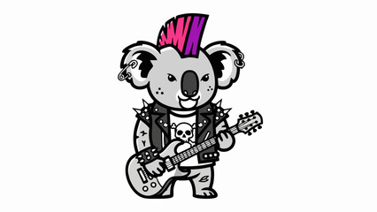 Naklejka premium Cartoon koala punk rocker with mohawk playing electric guitar.