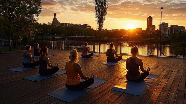 yoga class on waterfront at sunset