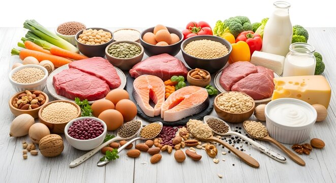Comprehensive assortment of nutritious foods including meat, fish, eggs, dairy, nuts, seeds, legumes, fruits, and vegetables, arranged for a balanced diet.