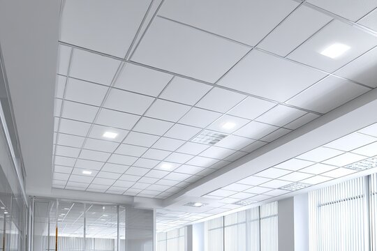 Modern office interior with bright white grid suspended ceiling and integrated square lights