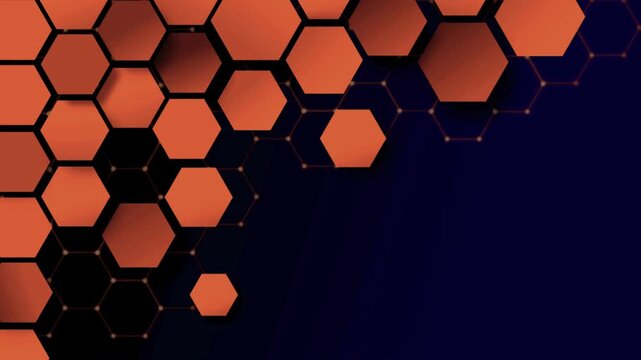 Orange hexagonal shapes emerge from the corner over a dark navy blue background with light streaks.