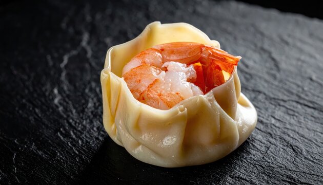 A single, perfectly crafted har gow shrimp dumpling, its delicate translucent wrapper revealing succulent pink prawn, artfully presented on a dark slate surface for an exquisite culinary experience.