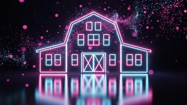 Neon illuminated house outline creating a vibrant and futuristic depiction with sparkling effects in a dark background animation