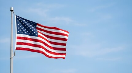 Fototapeta premium A United States flag gently waving on a flagpole under a clear blue sky. Bright red, white, and blue colors with visible stars and stripes create a clean, minimal composition ideal for patriotic.
