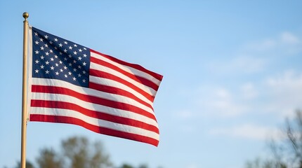 Obraz premium A United States flag gently waving on a flagpole under a clear blue sky. Bright red, white, and blue colors with visible stars and stripes create a clean, minimal composition ideal for patriotic.