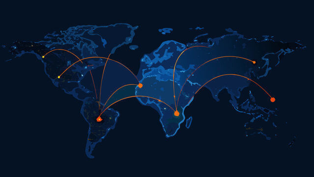 A digital world map displaying network connections and global data flow with glowing lines