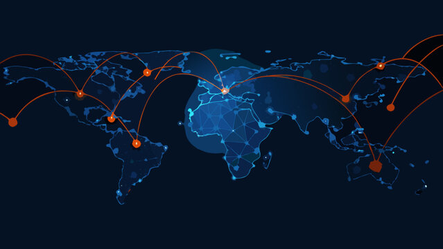 A glowing world map with connecting lines representing global networks and data transfer