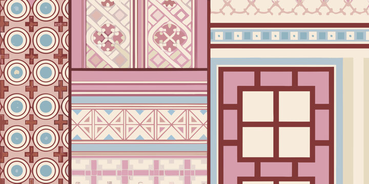 A colorful patchwork of geometric patterns and designs in pastel shades and bolder tones