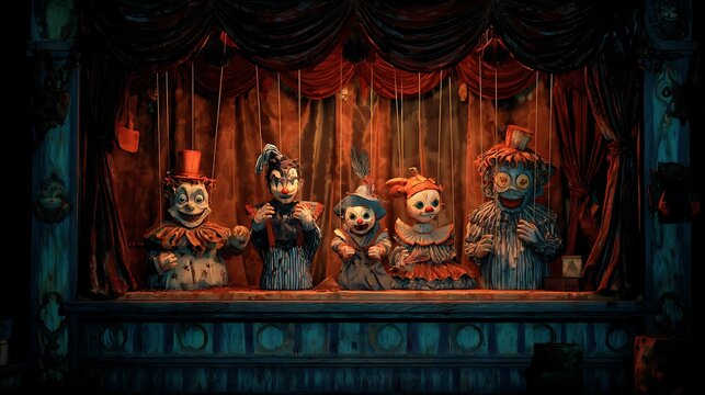 Disturbing clown puppets on stage, dramatic lighting, digital illustration