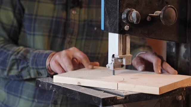 Close up of carpenter cutting wood plank on band saw in workshop. Precise woodworking process with focus on craftsmanship, tools and manual skill, ideal for DIY and artisan themes.