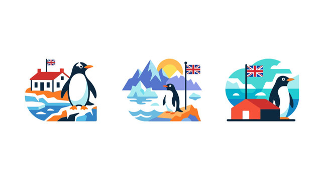 Set of Antarctic Penguin Logo Designs with British Flags