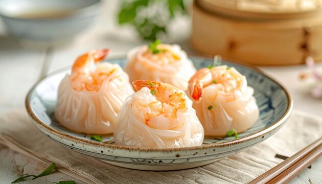 Exquisite Har Gow Dumplings with Plump Shrimp and Translucent Wrappers, Beautifully Presented on a Ceramic Plate.