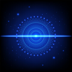 Obraz premium Futuristic geometric circle pattern with light lens flare and glowing stars on dark background