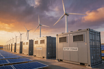 Wind turbines and battery storage containers in renewable energy station © LeeX