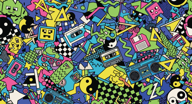 Retro 80s 90s Pattern: Cassette Tapes, Boomboxes, Floppy Disks & Yin Yang Symbols
