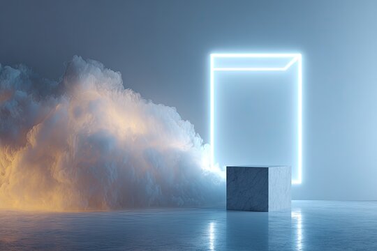 Warm glowing cloud opposite a cool blue neon frame and marble cube on a reflective stage