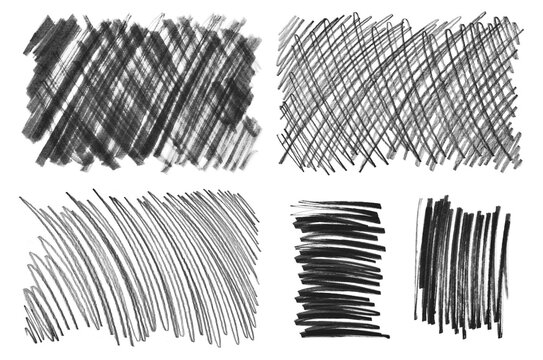 Set of white chalk scribble textures with crosshatch shading and rough strokes, isolated on cutout transparent background