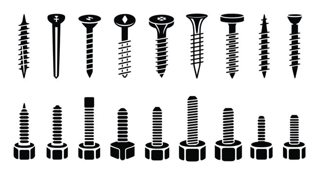 Collection of Black and White of Screws and Bolts