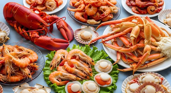 Luxurious seafood platter showcasing lobster, shrimp, crab legs, and scallops arranged on plates with fresh lettuce, creating an opulent display of ocean delicacies for gourmet dining.