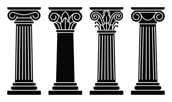 Four Black Silhouette Classical Columns with Different Capitals