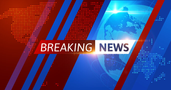 Breaking news vector background blue red earth globe dynamic lines. For news website header, social media story, mobile app splash, video stream live thumbnail. Real-time global digital coverage.