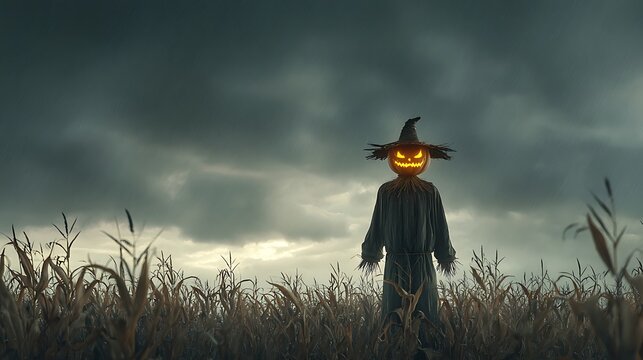 Creepy scarecrow with illuminated pumpkin head in a cornfield