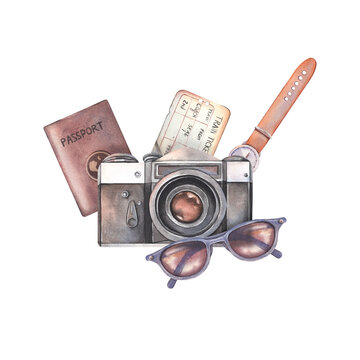 Hand-painted watercolor composition of camera, passport, train ticket, watch, sunglasses isolated on white. Perfect for travel, photography, branding, editorial design, posters, websites, packaging