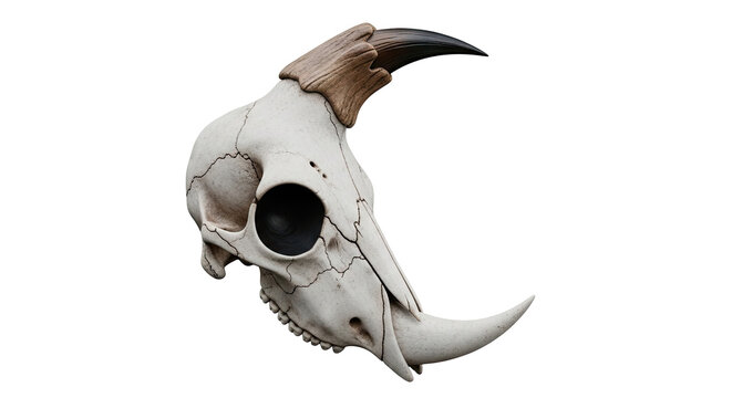 Cracked Goat Skull with Curved Horn and Tusks
