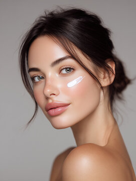 Portrait of beautiful skin woman applied crem on her face, healthy beauty skincare and cosmetics for advertising. Generative Ai.	
