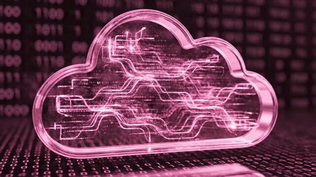 Pink cloud shaped circuit board on binary code background with technology and data concept for cloud computing and storage solutions