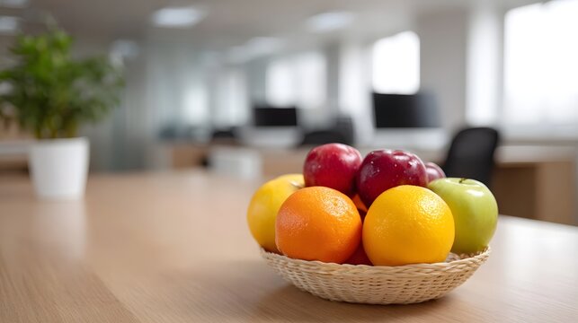 Colorful fruit basket placed on a wooden desk in a bright modern office setting symbolizing health and wellness