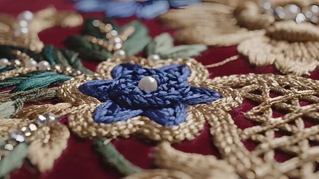 Intricate Floral Embroidery with Beads and Sequins on Red Fabric.