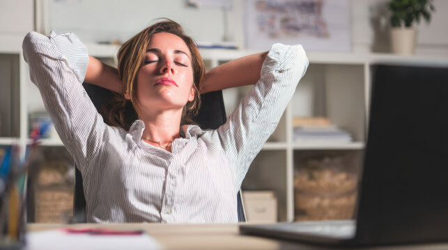 A serene woman leans back in her office chair with hands behind head, taking a restful break from work and eyes gently closed for relaxation.