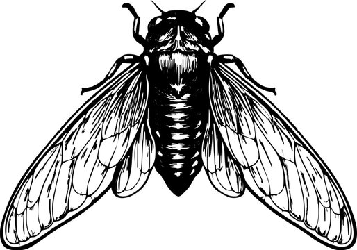 Isolated cicada insect in detailed line art, graphic illustration, entomology subject with intricate wings and body