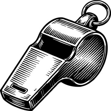 Isolated classic metal whistle with a ring, detailed line art engraving on a plain background, symbolizing authority and sound