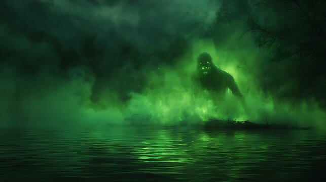 Eerie swamp creature emerges from misty waters, glowing eyes, digital art