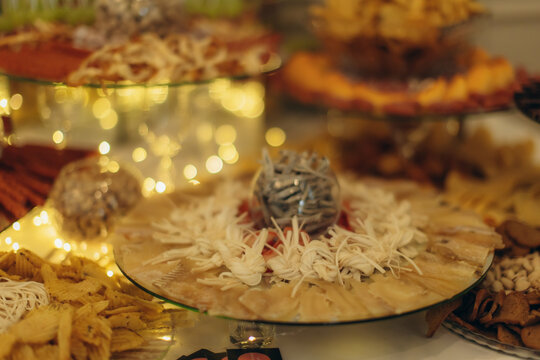 Party buffet table serving various appetizers and snacks