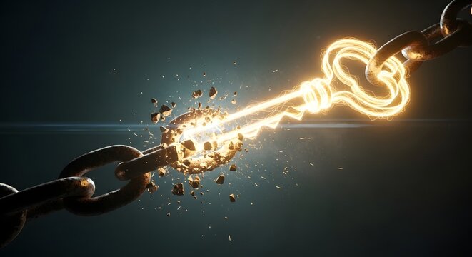 Glowing Golden Key Breaking a Heavy Iron Chain Symbolizing Freedom and Success
