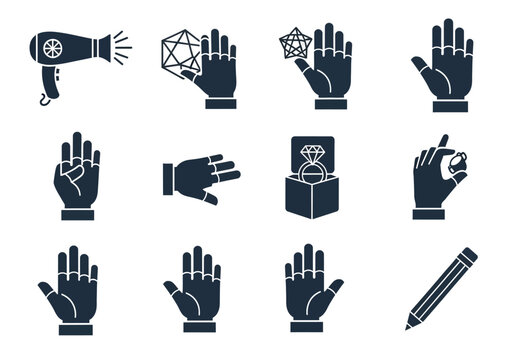 Set of 12 Black Minimalist Vector Icons Featuring Hand Gestures, Jewelry, Hair Dryer, and Pencil