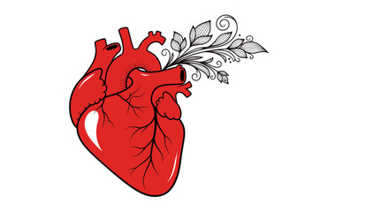 Illustration of a human heart with floral and leaf details for health or nature themes © RAMS