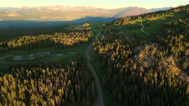 Beartooth Highway in Montana cuts through vast evergreen forests with snow-capped mountains in the distance. Golden sunset light illuminates the scenic mountain road and lush green meadows.